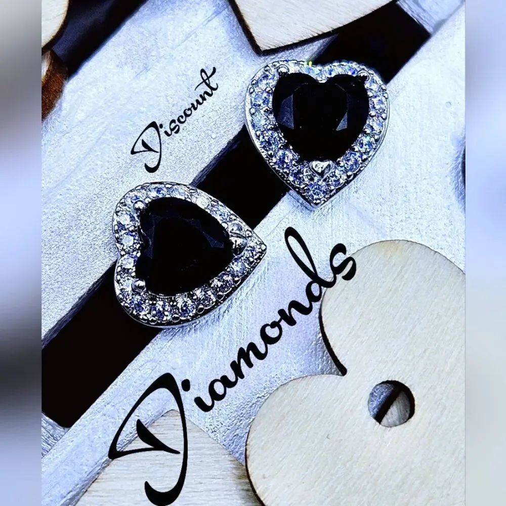 Heart Shaped Black Sapphire & White Baguette Diamond Earrings 925